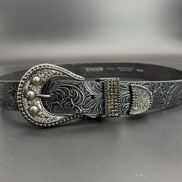 Chico's Accessories - Chico's Women's M Black Floral Embossed Faux Leather Belt Rhinestone Buckle NWT